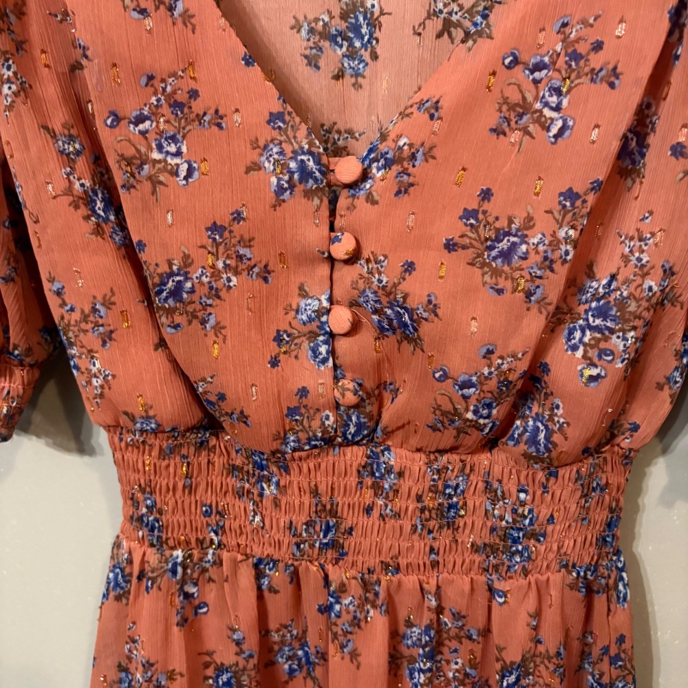 B. Smart Dusty Rose Pink Blue Floral Mini Smocked Ruffle Trim Dress  (Junior‎ 3) - Picture 4 of 7